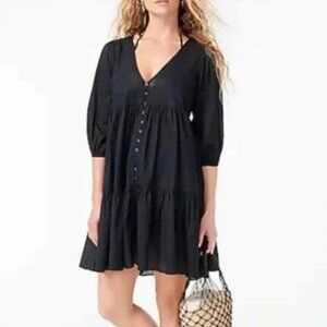 Women J. Crew Swim Cover Up V Neck Button Puff Sleeve Tiered Dress Black Large